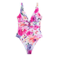 SEASELFIE Plunge Neck Pink Floral One-piece Swimsuit For Women Sexy Backless Monokini Swimwear  Beach Bathing Suit Beachwear