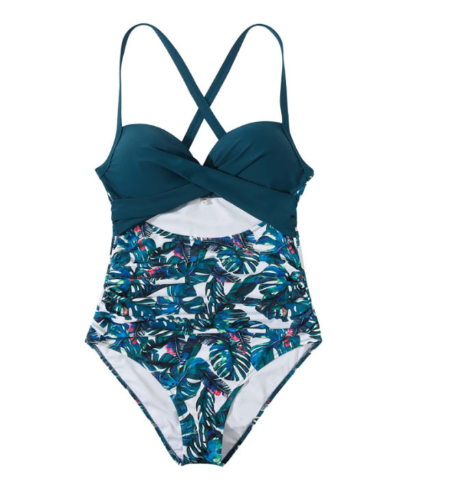 ชุดว่ายน้ำผู้หญิง-เซ็กซี่-ไซส์ใหญ่-s-2xl-ลายดอกไม้สีเขียวน้ำทะเล-โอโรส