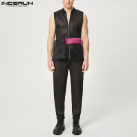 [สมบูรณ์แบบ] INCERUN Mens Sleeveless See Through Vests Jumpsuits Zip Up Dungarees Trousers (สไตล์ตะวันตก)