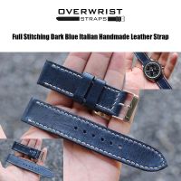 สายนาฬิกา สายหนังวัวแท้ overwrist full stitching dark blue italian handmade leather strap