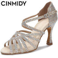 CINMIDY โกลเด้นรองเท้าเต้นรำละตินผู้หญิง S ALSA T Ango รองเท้าเต้นรำบอลรูมสำหรับสาว Rhinestone รองเท้าส้นสูงพรรครองเท้าแตะเต้นรำ