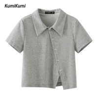 KUMI เสื้อยืดสีล้วนระบายอากาศเกาหลีแขนสั้น สำหรับผู้หญิงใส่ฤดูร้อน