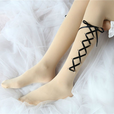 Vintage Lolita Tights Cross Ribbon Bows Summer Velvet Women Pantyhose Cosplay Kawaii Cute Mori Girls Stockings Sweet Students