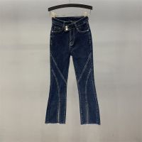 【มีสินค้า พร้อมส่ง】Blue Split Straight Leg Jeans Womens High Waist Slim Fit Elastic Small 8/9 Pants