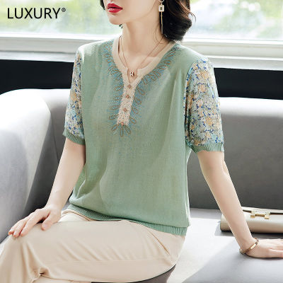 LUXURY Queen 2023 New Mom Summer Knitted Sweater Middle Aged Women Summer Short Sleeve Fashionable Small Top