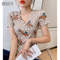 REHIN เสื้อยืดผู้หญิงคอวีแขนสั้นพิมพ์ลายการ์ตูน,เสื้อยืดผู้หญิงคอวีพิมพ์ลายไม่เหมือนใครแฟชั่นใหม่ฤดูร้อน