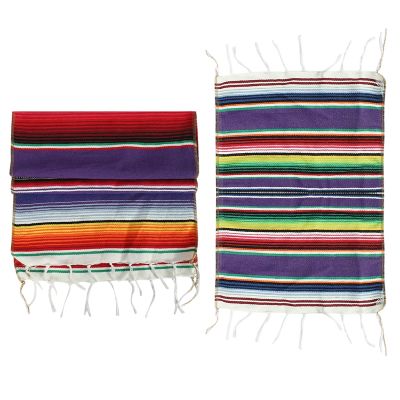 Mexican Table Runner with Place Mats,Mexican Assorted Place Mats Mexican Party Wedding Decorations, Fringe Blanket Table Runner 14 X 84 Inch (Purple Table Runner + 8 Placemats)