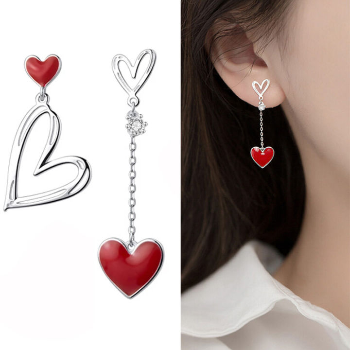 Earrings Red Heart Asymmetric, Girls Earring Red Heart