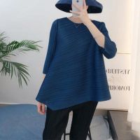 2023 Hot Miyake pleated long-sleeved tops for women  spring and summer new loose slimming round neck t-shirt solid color bottoming shirt versatile