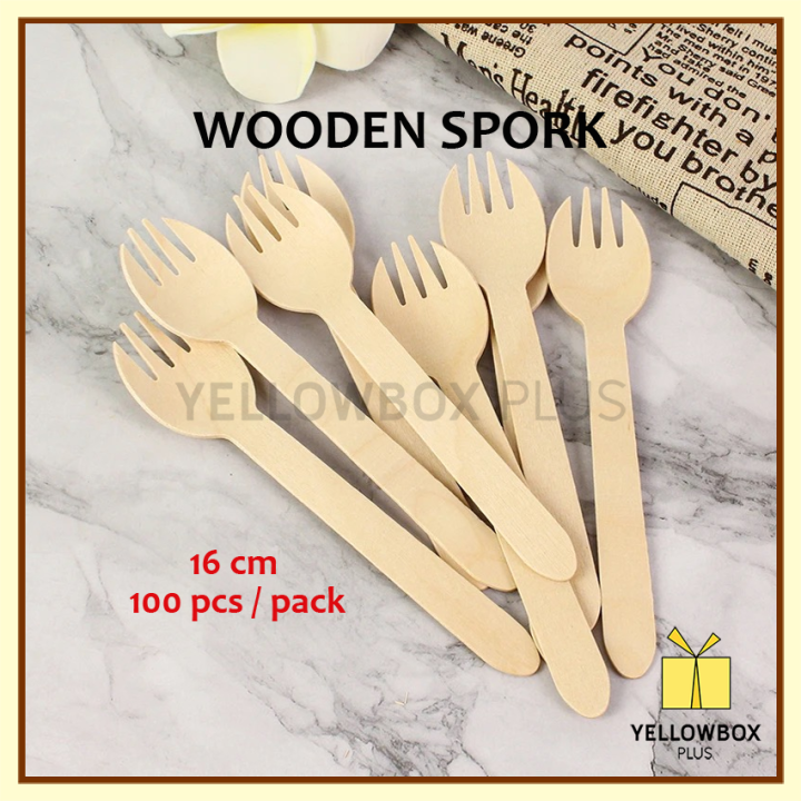 Disposable Wooden Spork Sfork Utensils 100pcs 16cm Spoon, Fork, Knife