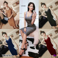 B16763 เดรสสั้นไหมพรม สายเดี่ยว คอวี ผ่าข้าง Short silk dress, single strap, V-neck, side cut