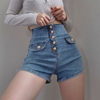 【hot】 Womens Denim Shorts Elastic Waist Tight Bottoms Slim-fit Single-breasted A-line Jeans