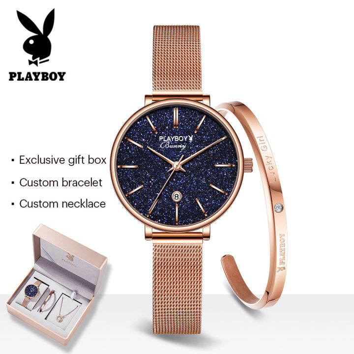 playboy-เซ็ตนาฬิกาสำหรับผู้หญิงซื้อ1แถม2ฟรีสร้อยคอกำไล2023ขายร้อน-classic-star-กันน้ำวันที่แสดง-milanese-สายรัดเหล็ก-หนัง