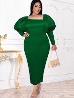 ZZOOI Green Long Dresses Lantern Sleeve High Waist Evening Party Gowns Diagonal Collar Women Christmas Cocktail Event Outfits 4XL