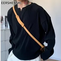 EERSHENSHI เสื้อยืดแขนยาว ผู้ชายเทรนด์แฟชั่นเสื้อผ้าบุรุษสีทึบเสื้อเชิ้ตลำลองหลวม