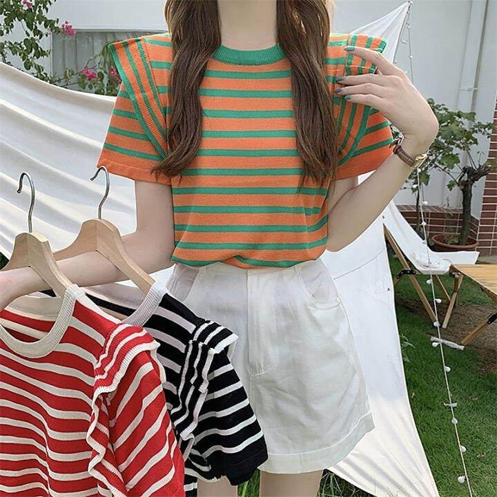shenghao-เสื้อยืดคอกลมแขนสั้นมีระบายสำหรับผู้หญิงเสื้อยืดถักลายทางแฟชั่นฤดูร้อน