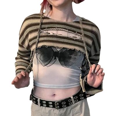 Retro Hollow ถัก Crop Tops สำหรับผู้หญิงแขนยาว T เสื้อหลวม Smock Tops Stripe Patched Tee Sun Protection Cover Ups