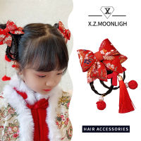 【 X.z.moonligh】เครื่องประดับศีรษะสำหรับเด็กสไตล์จีนกิ๊บติดผมขนมิงค์สไตล์โบราณมีพู่ประดับเครื่องประดับผมปีใหม่