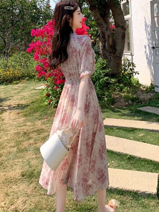 women-pink-floral-chiffon-chic-ruffled-midi-dress-summer-fashion-short-sleeve-bow-collar-dress-2023-korean-elegant-beach-dresses