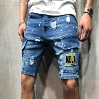 ♗Jeans Jeans Vintage Rasgado Para Homens Jeans กางเกงขาสั้น Curtos Retos กางเกงขาสั้น Finos Bolsos De Crachá Buracos เสื้อผ้าผู้ชาย Novo Verão 2023