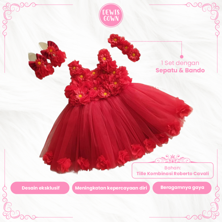 Baju Pesta Anak Perempuan Cute Merah Hana 0 Sampai 7 Tahun Gamis Gaun