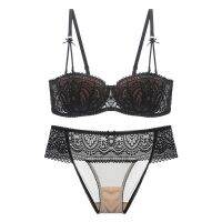 New Victoria sexy women lace lingerie,ultra thin breathable half cup bra brief sets, two-row lace bra,bra panty set DE cup bra