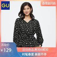 UNIQLO GU เสื้อคาร์ดิแกนแบบเสื้อแขนปล่อยของผู้หญิงลายดอกไม้ฝรั่งเศสแสดงเอวบางๆ Commuter 324041