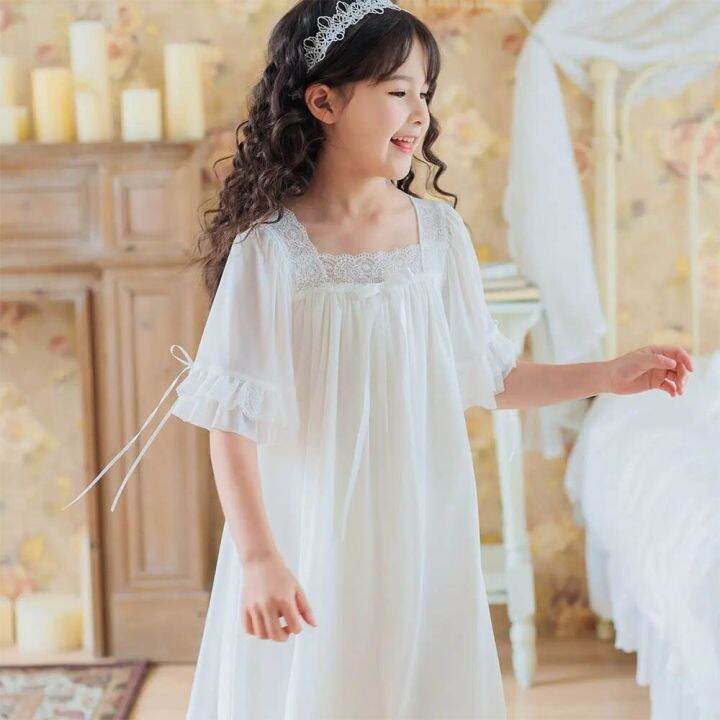 Sweet Girls Nightdress Lace Sleepwear Pajamas Summer Kids One Piece
