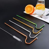 Summer Anti Wrinkle Straw Set Reusable 304 Stainless Steel Curved Straw with Cleaning Brush for Coffee Cocktail Bar Accessories Specialty Glassware