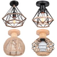 ZZOOI Hemp Rope Iron Cage Metal Retro Ceiling Lamp for Aisle Interior E27 Vintage Ceiling Lights for Bedroom Kitchen Indoor Lighting