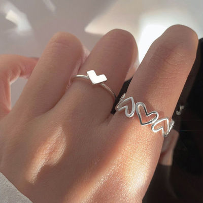 [Shelleys] แหวนแฟชั่นสีเงินกลวงรูปหัวใจสำหรับผู้หญิง1ชุดแหวนแบบปรับได้สไตล์เรียบง่ายสะอาด