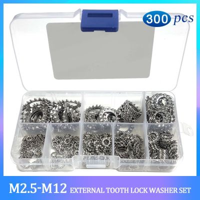 300pcs M2. 5 M3 M4 M5 M6 M8 M10 M12 Stainless Steel 304 External Toothed Star Gasket Serrated Lock Washer Assortment Kit DIN6798
