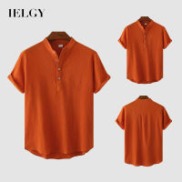 IELGY ผู้ชายสีทึบคอ V ม้วนแขนเสื้อโปโลคอปกผู้ชาย