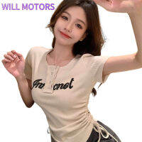 เสื้อยืดแขนสั้นของผู้หญิง Will Motors เสื้อแบบสวมหัวผูกเชือกเข้ารูปพอดีเซ็กซี่เสื้อสตรีคอกลม