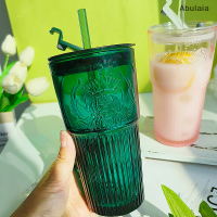 ✨อาบูเลีย✨แก้วกาแฟความจุมากขนาด600มล. แก้วแบบมีหลอดถ้วยมีฝาน้ำและหลอดสีเขียวเข้มเทพธิดาโมเดลฤดูร้อน