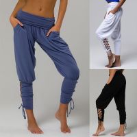 Women Jogging Sexy Pant Workout Leggings Female Soft Solid Lace Jogger Harem Pant Slim Fitness Loose Bandage High Waist Pocket