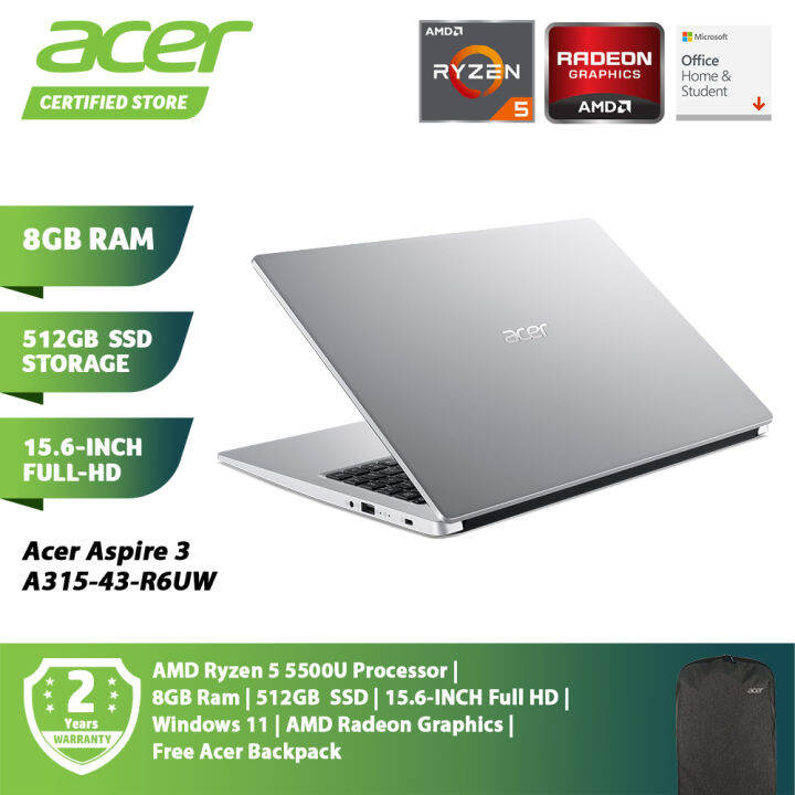 Acer Aspire 3 A315-43-R6UW Pure Silver Laptop  - (  FHD/AMD Ryzen 5-5500U/8GB DDR4/512GB SSD/WIn11/Preload Office H&S) | Lazada