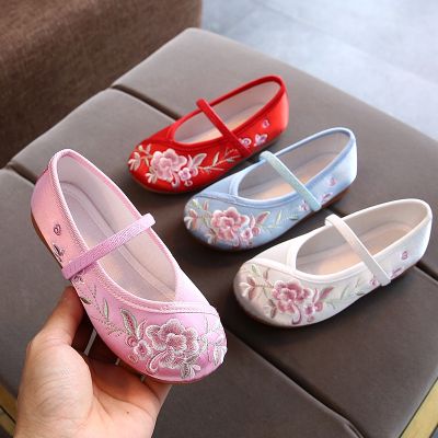 【Candy style】 รองเท้า ส้นแบน ปักลายดอกไม้ สไตล์จีน แฟชั่นฮั่นฝู สําหรับเด็กผู้หญิง อายุ 2-10 ปี