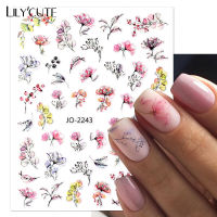 LILYCUTE 1แผ่นดอกไม้สีน้ำกากเพชรส่องแสงแบบ3D สติกเกอร์ติดเล็บ1แผ่นตกแต่งศิลปะเล็บแบบ DIY