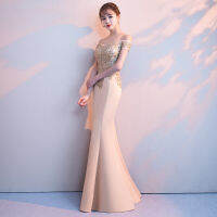 เซ็กซี่ปิดไหล่ Appliques สไตล์จีนชุดราตรีปรับปรุง Fishtail Cheongsam ความยาวเต็ม Gowns ขนาด XS-3XL