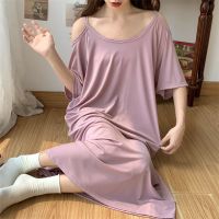 --SY23726✥❐ short-sed ghtdress womens new ice silk m-length off-the-shoulder jamas large size fat mm3 catties summer home service