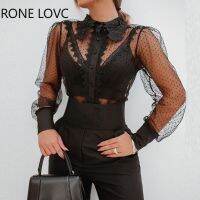 Women Chic Lace Floral Polka Dot Lantern Sleeves Button Mesh Black Two-pieces Blouse Top