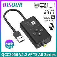 DISOUR Qualcomm QCC3056 USB Bluetooth 5.2เครื่องส่งสัญญาณเสียง24Bit AptX LL HD Adaptive SBC Codec 3.5มม. AUX Optical Fiber Coaxial Wireless Adapter 40Ms Latency ต่ำ Multi-Point รองรับการโทร Mic สำหรับทีวี PC PS4/5 SwitchTH