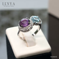 Lenya Jewelry แหวนเงินแท้ 925 ดีไซน์เก๋ไก๋ ประดับพลอยอเมทิสต์ (Amethyst) บลูโทแพซ (Blue Topaz)  ล้อมด้วยคิวบิกเซอร์โคเนีย (Cubic Zirconia) แหวนสวยไม่ซ้ำใคร หรูหรา เหมาะกับสาวๆ