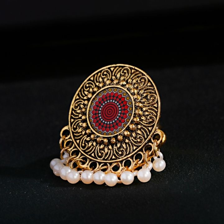 mm75-วินเทจสีทองผู้หญิงแหวนเครื่องประดับอินเดียสลักดอกไม้แบบพรรคย้อนยุคหญิงมุกพู่แหวนนิ้วสไตล์