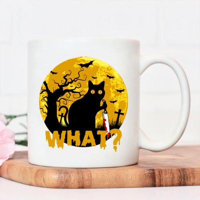 Cat What ? Ceramic Mug Scary Black Cat Haunting Halloween Print Mug Recycling Juice Mugs Water Cup Nordic Coffee Cups