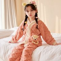 Autumn and winter flannel pajamas childrens cardigan boys girls baby thickened coral velvet home clothes set