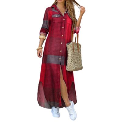 ผู้หญิงรีดแขนยาวปกคอวีปุ่มลงเสื้อชุด Colorblock ลายสก๊อตพิมพ์หลวมด้าน Slit Maxi เสื้อ Dress