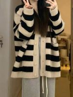 利Autumn Striped Cardigan Women Korean Style Knitted Sweaters Female Casual Loose Cardigans Ladies Vintage Single Breasted Coats