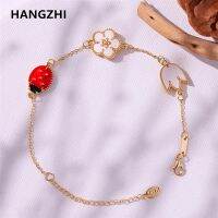 №❁✆ HANGZHI 2022 New Korean Stainless Steel Bracelet for Women Red Ladybug Flower Drip Oil White Shell Bracelet Trendy Jewelry